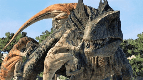 a group of dinosaurs are standing next to each other in a forest