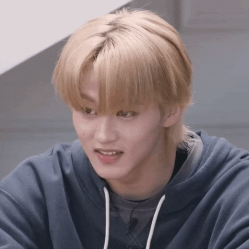 a young man with blonde hair wearing a blue hoodie looks at the camera