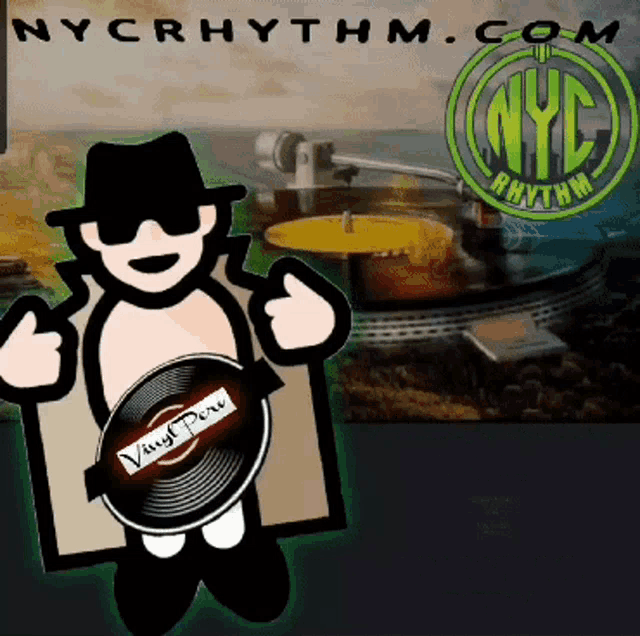 a cartoon of a man holding a record with nyc rhythm.com written on the bottom