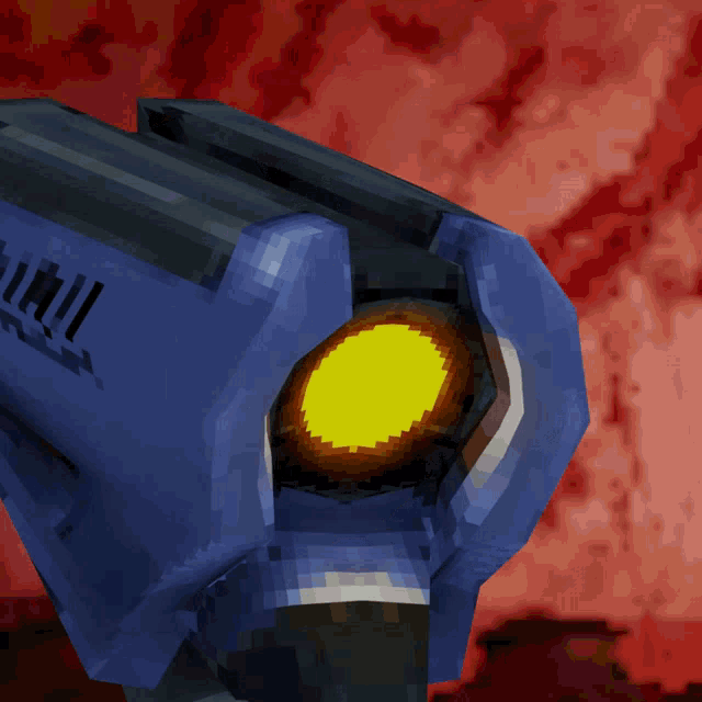 a pixel art drawing of a blue object with a yellow eye and the letters ii on it