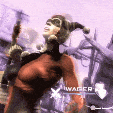a woman in a harley quinn costume is in a video game with the name wager on the screen