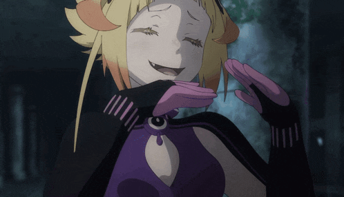 a cartoon character with yellow hair and purple gloves covering her mouth