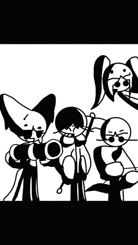 a black and white drawing of a group of stick figures playing musical instruments
