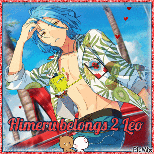 a picture of himeru belongs to leo with a spongebob sticker on his chest