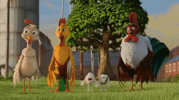 a group of cartoon chickens standing in a field
