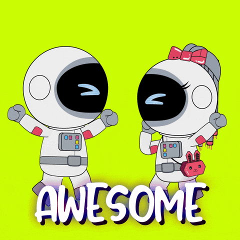 a couple of astronauts standing next to each other with the word awesome above them
