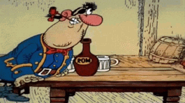 a cartoon character drinking from a pitcher that says rom on it