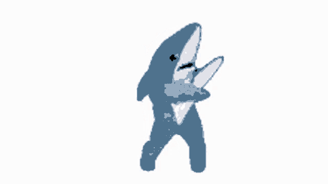a pixel art drawing of a shark dancing with its mouth open