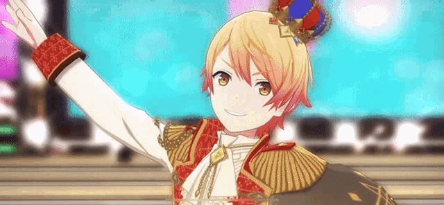 a cartoon character with a crown on his head is waving his hand