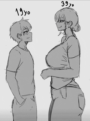 a black and white drawing of a man and a woman standing next to each other with the numbers 19yo and 39yo on the top