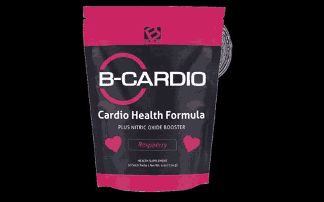 a bag of raspberry b-cardio health formula on a black background