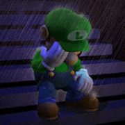 a video game character named luigi is standing in the rain .