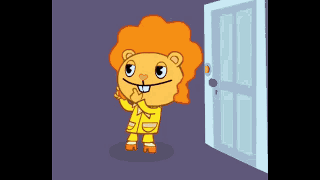 a cartoon lion is standing in front of an open door .
