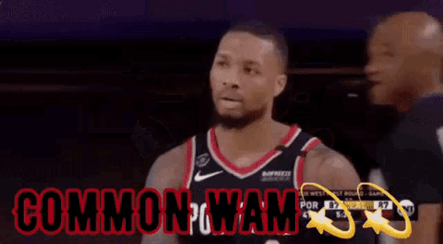 a basketball player is talking to a referee with the words " common wam " written above him