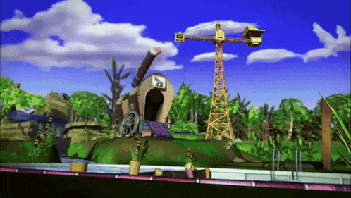 a cartoon scene with a crane in the foreground and a building in the background