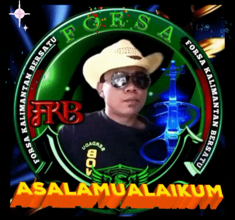 a man wearing a cowboy hat and sunglasses stands in front of a forsa kalimantan bersatu logo