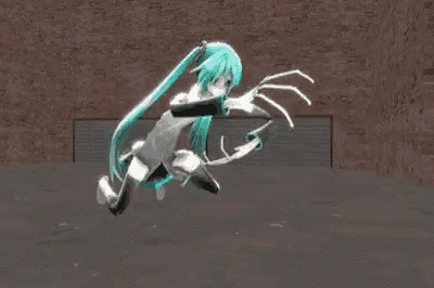 hatsune miku is flying through the air with a spider 's claw .