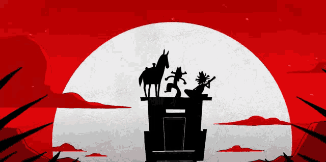 a silhouette of a man riding a horse on top of a building with a red background