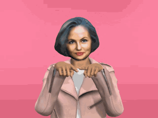 a woman with blue hair is wearing a pink jacket and white shirt