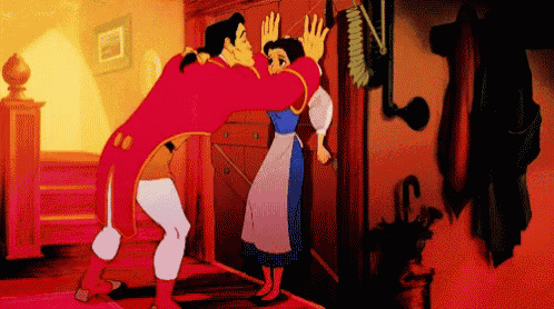 a cartoon of a man hugging a woman in a room