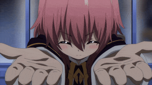 a girl with pink hair is holding her hands out