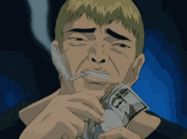 a man smoking a cigarette and holding a stack of money