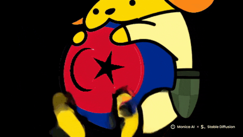 a cartoon drawing of a person holding a red ball with a black star on it