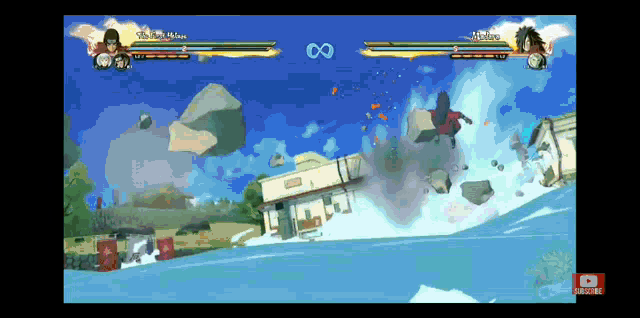 a video game screen shows two characters fighting each other with the infinity symbol above them