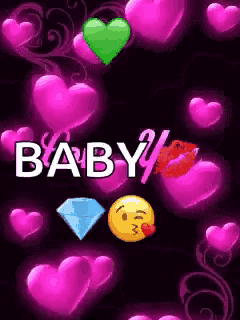 the word baby is surrounded by pink hearts and a kissing emoji .