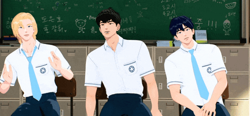 three boys are sitting in front of a chalkboard with numbers on it