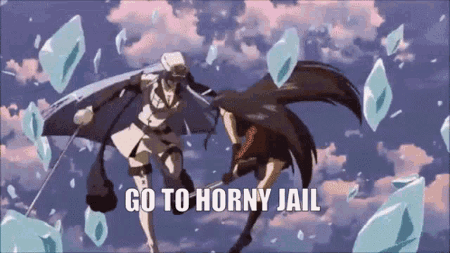 a couple of anime characters are fighting each other with the words `` go to horny jail '' written on the bottom of the image .