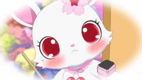 a white rabbit with red eyes and a flower on its head