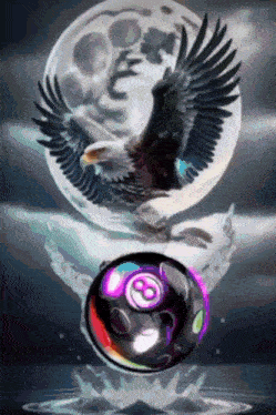 a bald eagle is flying over a pool ball with the number eight on it