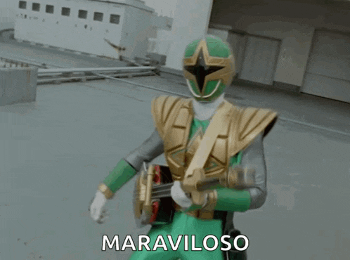 a green and gold power ranger is holding a sword and the word maravilhoso is above him