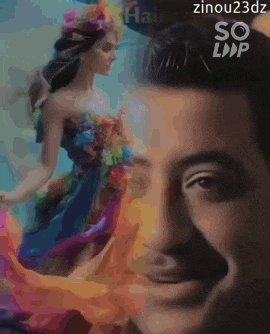 a painting of a woman in a colorful dress and a man with a mustache