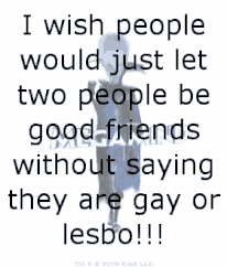 a poster that says i wish people would just let two people be good friends without saying they are gay or lesbo !!!