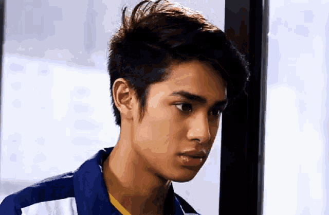 a young man in a blue shirt is standing next to a window and looking at the camera .