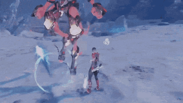 a person in a red and white outfit is holding a sword in the snow