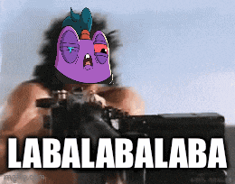 a man holding a gun with a purple cat on his head and the words labalabalaba