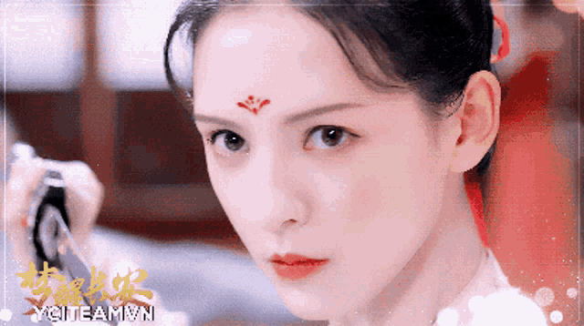 a close up of a woman 's face with a red flower on her forehead and yciteam.vn in the corner
