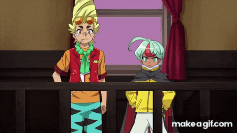 two cartoon characters are standing next to each other in front of a window ..