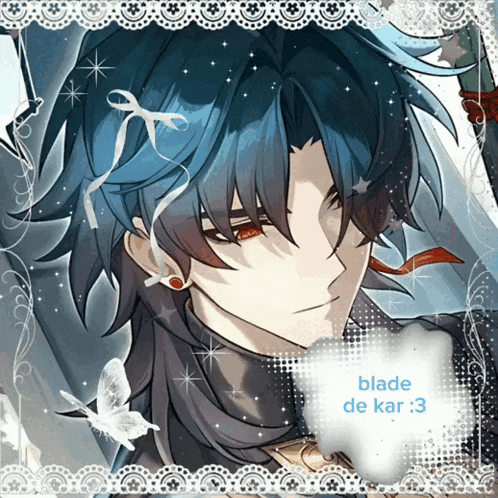 a drawing of a boy with blue hair and the words blade de kar