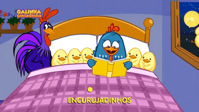 a cartoon of a chicken reading a book with the words " encurruadinhos " on the bottom
