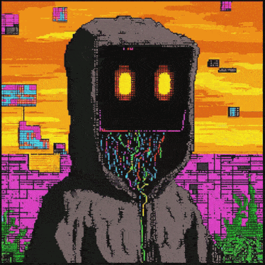 a pixel art drawing of a person wearing a hoodie that says matrix