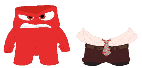 a drawing of a red cartoon character with an angry face and a white shirt and tie