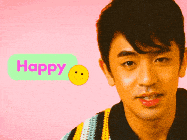 a man with a smiley face next to a happy speech bubble