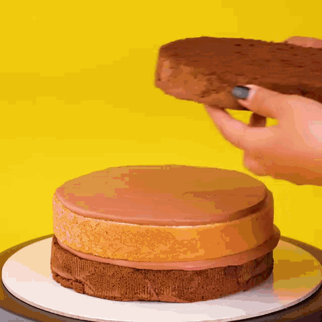 a person is cutting a chocolate cake with a yellow background