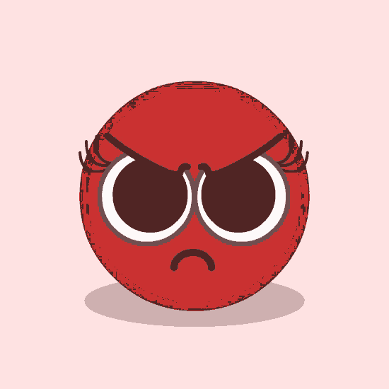 an angry red smiley face with glasses on