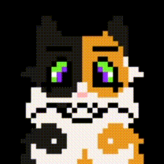 a pixel art of a calico cat with glasses and green eyes .