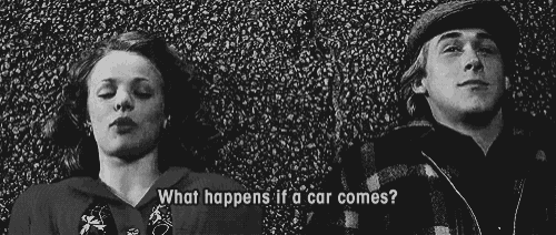 a black and white photo of a man and a woman with the words `` what happens if a car comes ''